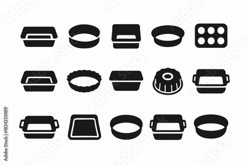 Collection of baking trays and pans icons in black and white