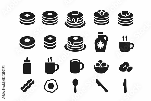 Breakfast icons set: pancakes, syrup, coffee, and eggs