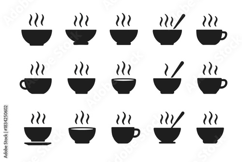 Collection of silhouette icon set of coffee cups with steam