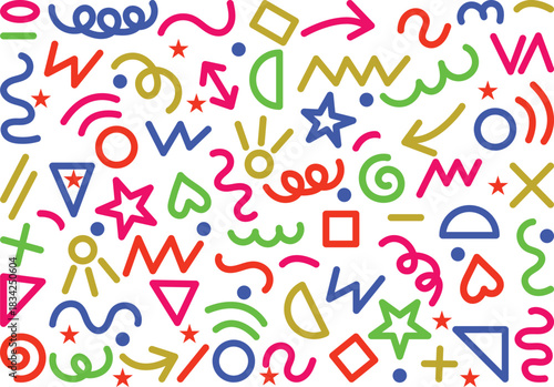 Funky crayon drawn geometric shapes and lines. Colorful pencil or chalk drawn naive Swiss design aesthetic. Basic geometric shapes, dots, playful pattern, primitive forms and figures