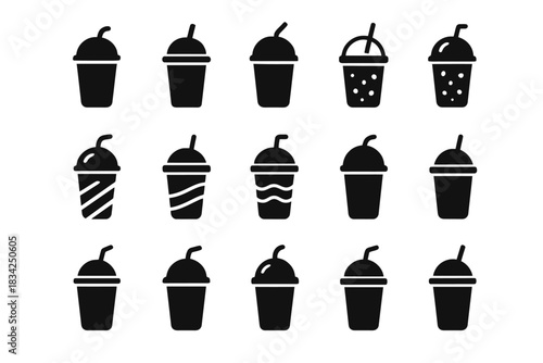 Variety of beverage cup silhouettes with straws and lids in icon set