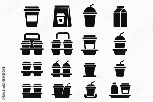 Collection of coffee and beverage icons featuring cups, cartons, and carriers