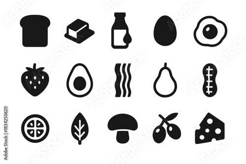 Food icon set: bread, butter, milk, egg, fruit, vegetables, cheese, bacon symbols