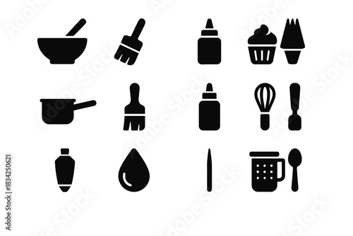 Cooking and baking utensil icons set: whisk, bowl, brush, cupcake, pan, spoon