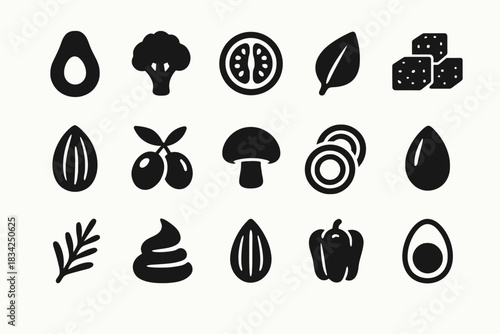 Set of illustrated black icons of fruits, vegetables, and herbs on white background