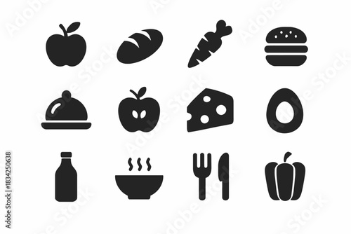 Black and white food icons: apple, bread, carrot, burger, cheese, egg, bowl, pepper