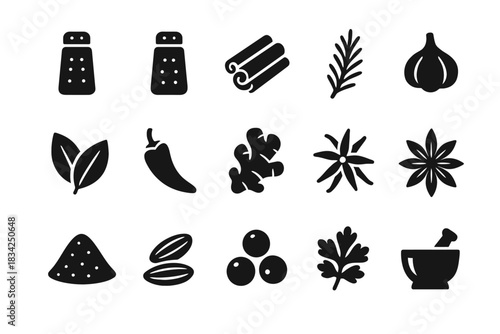 Black silhouettes of various spice and herb icons