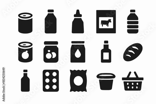 Grocery icons: bottles, cans, and basket in black and white design