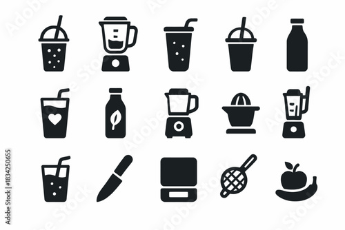 Collection of black kitchen appliance and beverage icons in flat style
