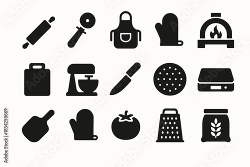 Essential kitchenware icons set featuring cooking, baking, and food preparation tools