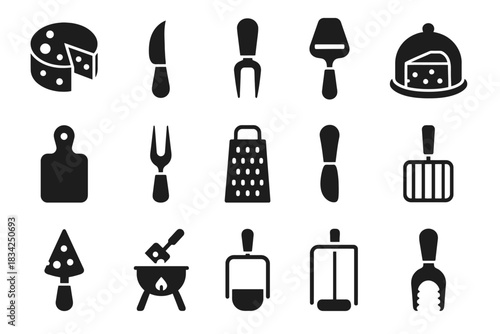 Cheese utensil icons: knives, graters, boards, and domes in a vector set