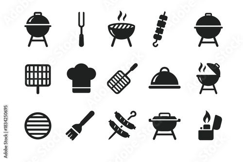 Bbq icon set: grills, chef hat, skewers, forks, and more for outdoor cooking