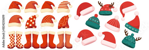 Christmas hats and stockings festive holiday vector set