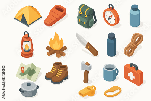 Camping gear essentials: tent, backpack, compass, sleeping bag, lantern, map, boots, axe