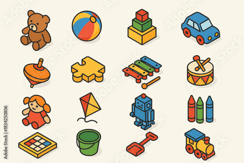 Colorful collection of classic children's toys in isometric design