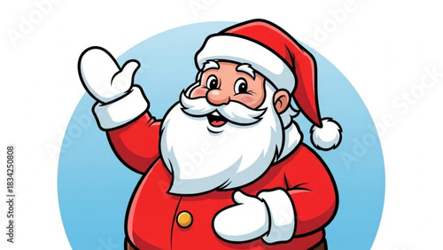 Friendly cartoon santa claus waving hello with a big smile and rosy cheeks wearing his iconic red suit and hat set against a cheerful blue circular background