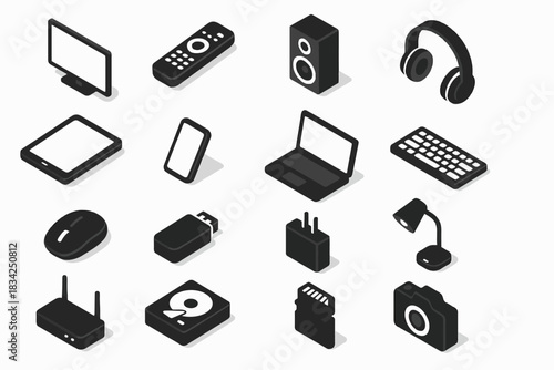 Isometric electronic devices collection: gadgets and accessories in black and white