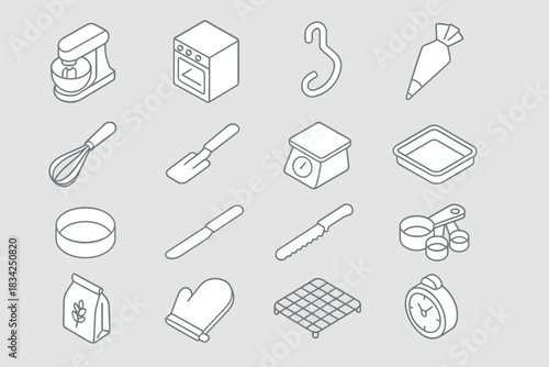 Line art kitchen utensils and appliances collection for baking enthusiasts