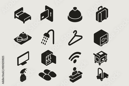 Hotel service icons collection: bell, luggage, safe, wifi, hanger, bed, cart, tray