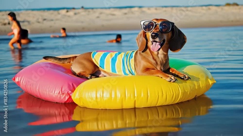 Cute Dachshund Relaxing on Beach Float in Summer