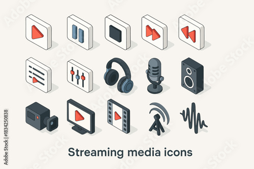 Isometric streaming media icons set including play, microphone, headphones, and more