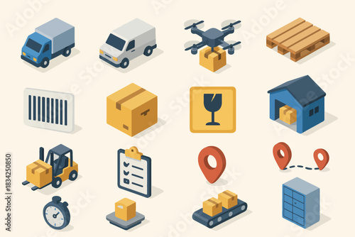 Isometric delivery and logistics icons featuring trucks and drones