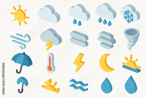 Colorful weather icons set: sun, rain, snow, wind, umbrella, storm symbols