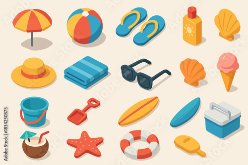 Colorful summer beach icons: umbrella, flip-flops, sunglasses, ice cream, seashells