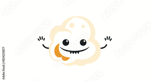 A cute cartoon popcorn character with a happy face and sharp monster teeth.