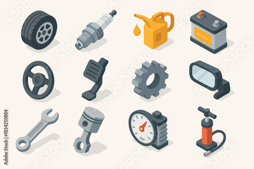 Isometric car parts collection: tire, battery, gear, oil, mirror, tools