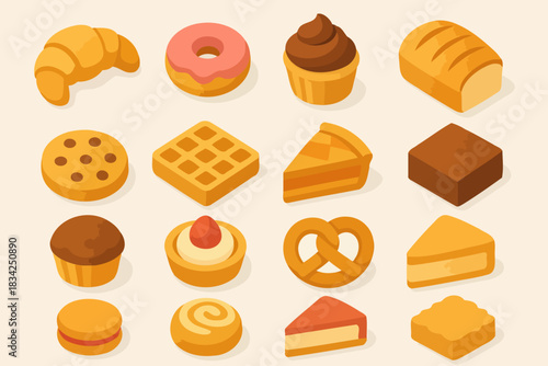 Assorted pastries collection: croissant, donut, cupcake, bread, cookie, waffle, pie, brownie, muffin, tart, pretzel, cheesecake