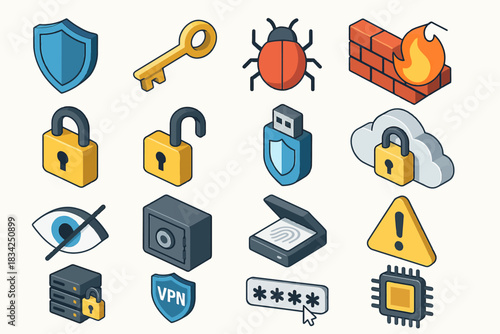 Cybersecurity icons collection featuring lock, firewall, vpn, and bug symbols