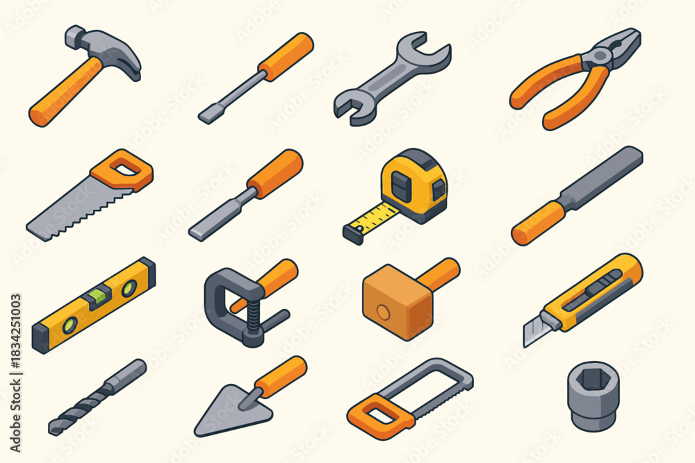 Obraz premium Isometric hand tools collection with hammer, pliers, and wrench
