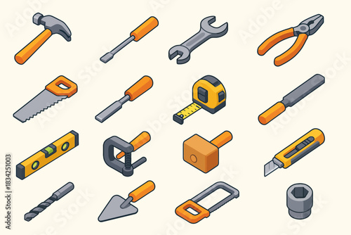 Isometric hand tools collection with hammer, pliers, and wrench