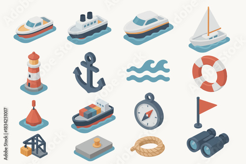 Nautical themed icons: boats, lighthouse, anchor, lifebuoy, compass, binoculars