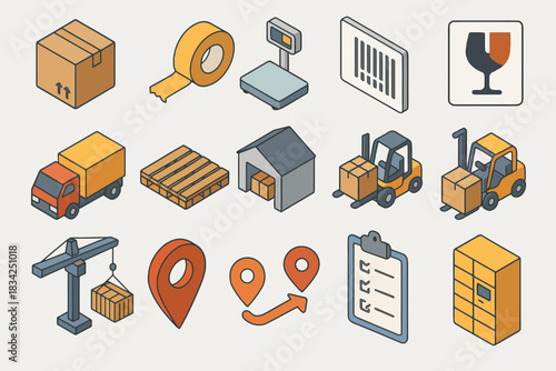 Isometric logistics and warehouse icons featuring transportation and storage elements