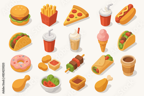 Assorted fast food icons: burgers, pizza, tacos, drinks, and more in isometric style