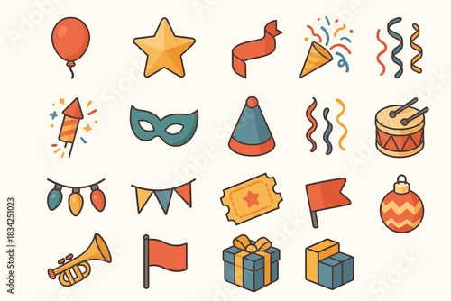 Colorful party icons including balloons, stars, and gift boxes for celebration themes