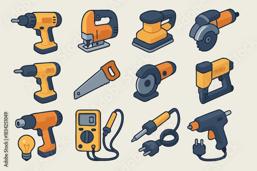 Collection of handheld power tools in vibrant colors