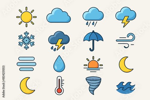 Colorful weather icons set featuring sun, clouds, rain, snow, lightning, wind, and waves