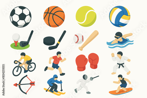 Colorful sports icons featuring soccer, basketball, tennis, and more activities