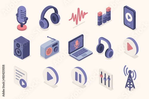 Isometric audio icons set: microphone, headphones, radio, laptop, music, soundwave