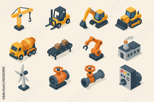 Isometric construction and industry icons: cranes, forklifts, robots, and machines