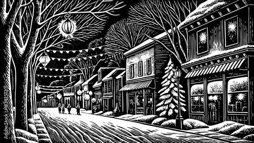 snowy street illuminated by festive garlands, black and white sketch lanterns, and glowing storefronts, creating a charming holiday atmosphere ideal for Christmas 2026 designs