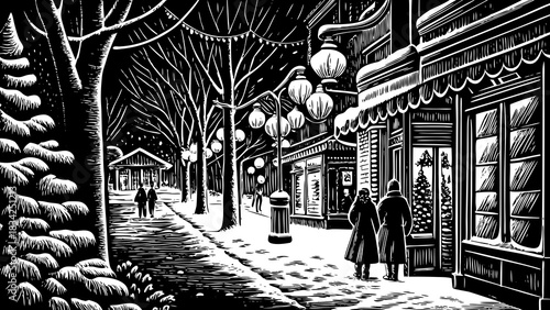 snowy street illuminated by festive garlands, black and white sketch lanterns, and glowing storefronts, creating a charming holiday atmosphere ideal for Christmas 2026 designs