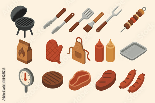 Barbecue essentials: grill, tools, condiments, meat cuts, and accessories