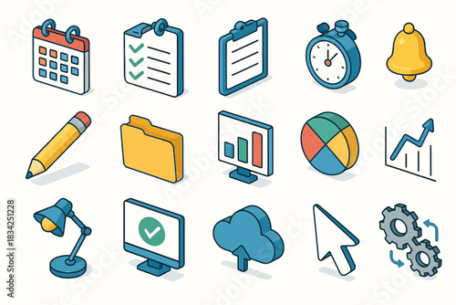 Isometric office icons collection: calendar, checklist, stopwatch, graph