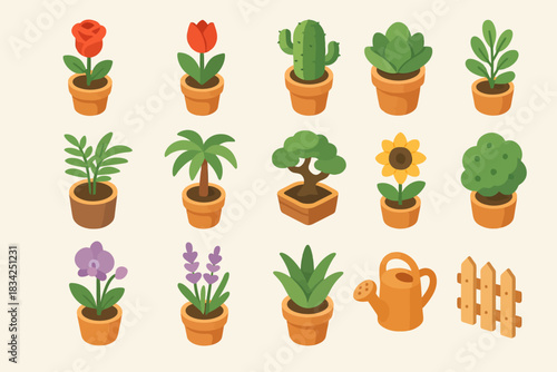Collection of potted plants and garden tools on a beige background