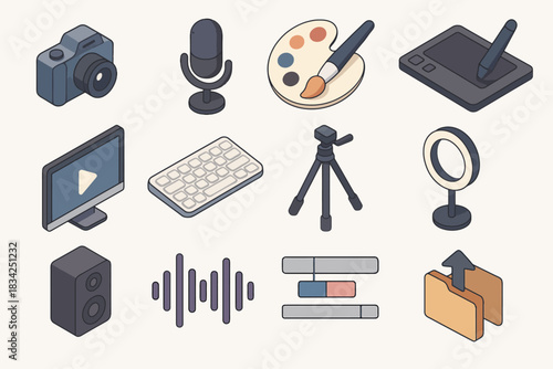 Essential digital media tools featuring camera microphone and graphics tablet icons