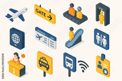 Isometric airport icons set: travel, transport, and navigation symbols